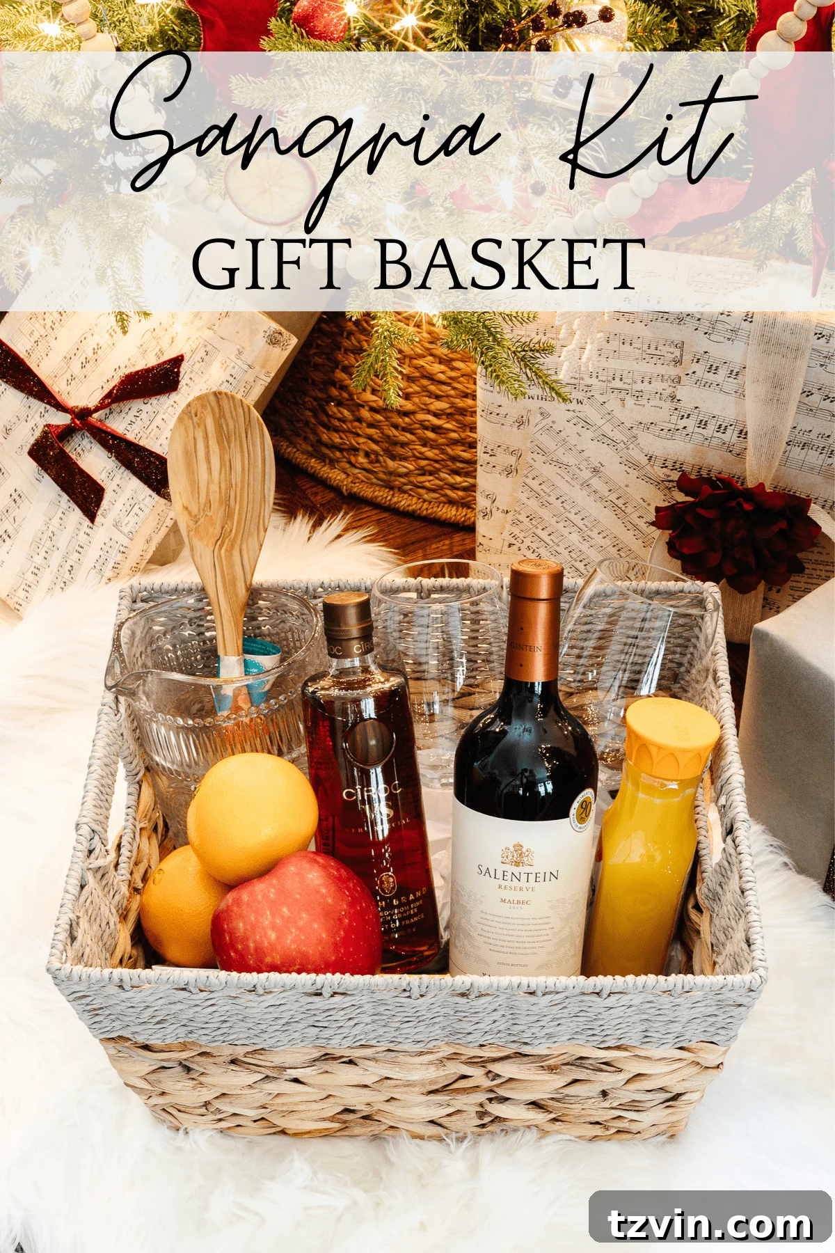 50 Festive Christmas Gift Basket Ideas 9 Sangria Kit Gift Basket with a pitcher, wine glasses, and fruit