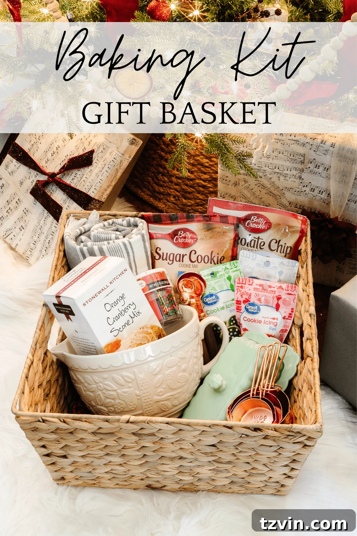50 Festive Christmas Gift Basket Ideas 3 Baking Kit Gift Basket with a batter bowl, measuring cups, and scone mix