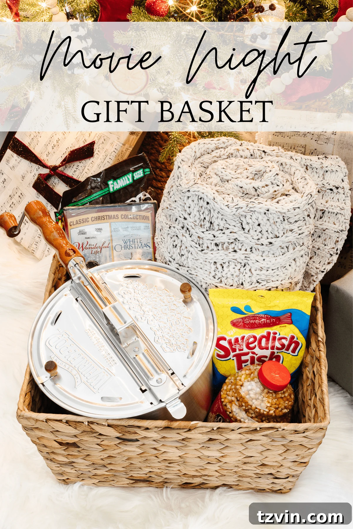 50 Festive Christmas Gift Basket Ideas 4 Family Movie Night Gift Basket with popcorn, candy, and a cozy blanket