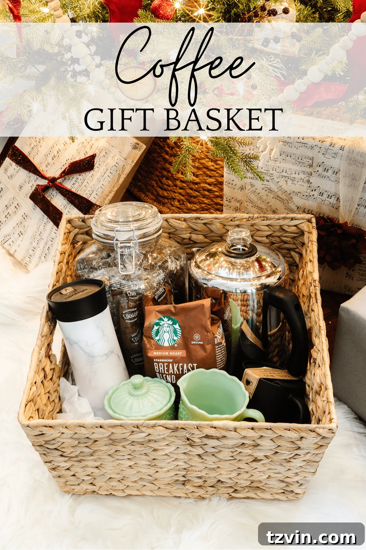50 Festive Christmas Gift Basket Ideas 5 Coffee Gift Basket with a percolator, biscotti, and ground coffee