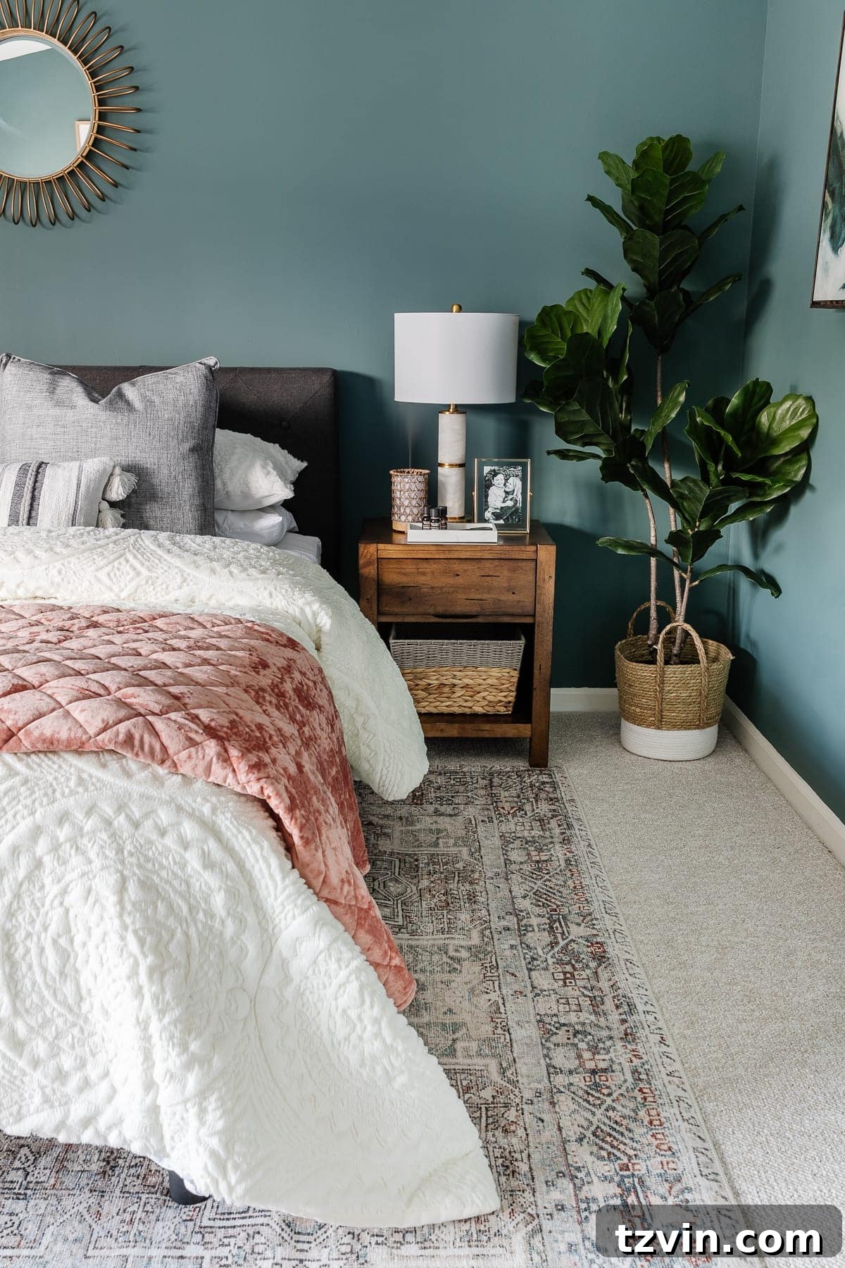 Transform Your Bedroom into a Serene Spa Sanctuary 13 Wooden nightstand with woven basket and lamp in a serene bedroom
