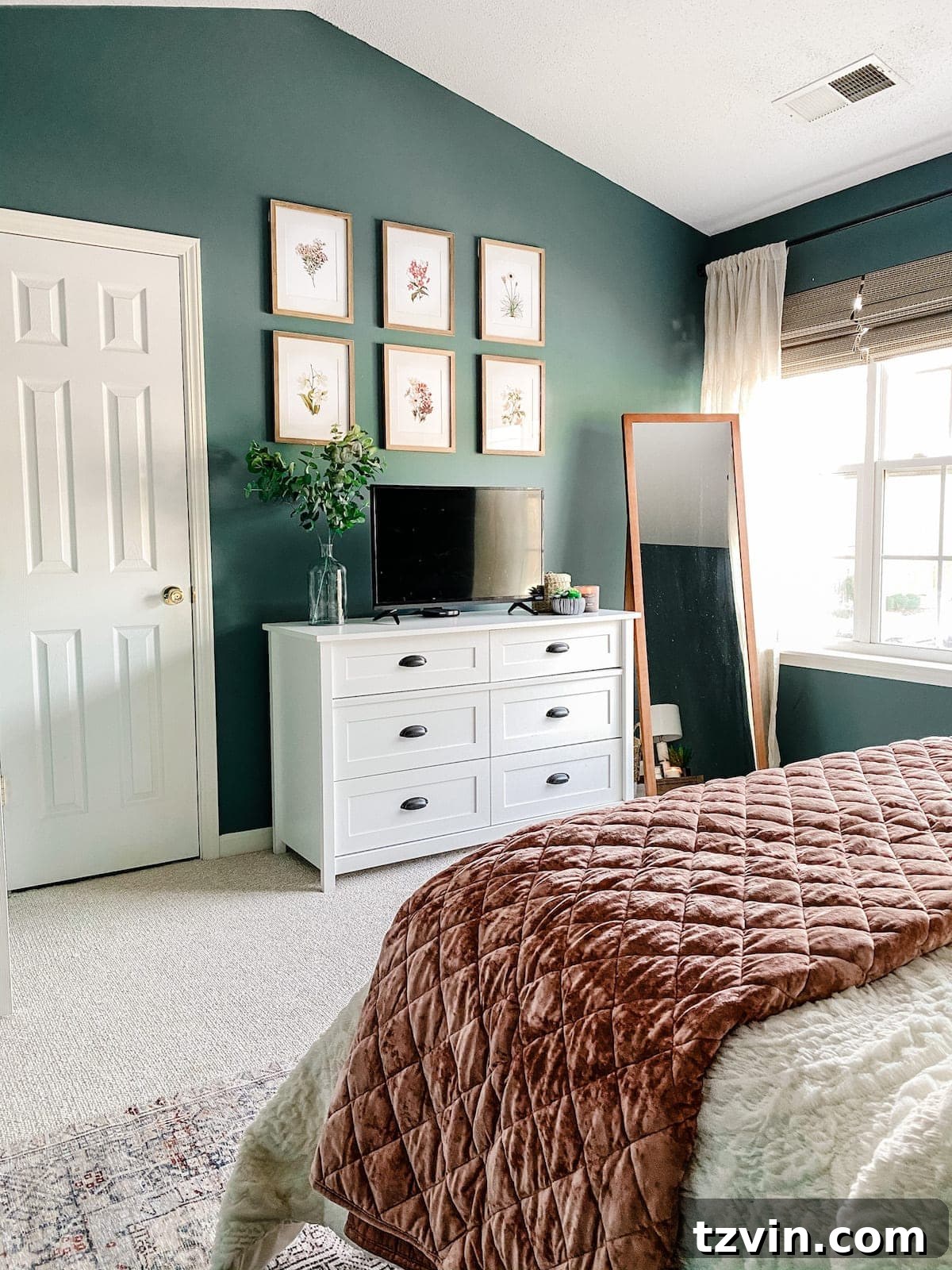 Transform Your Bedroom into a Serene Spa Sanctuary 23 Full view of the transformed teal and blush bedroom, showcasing all decor elements