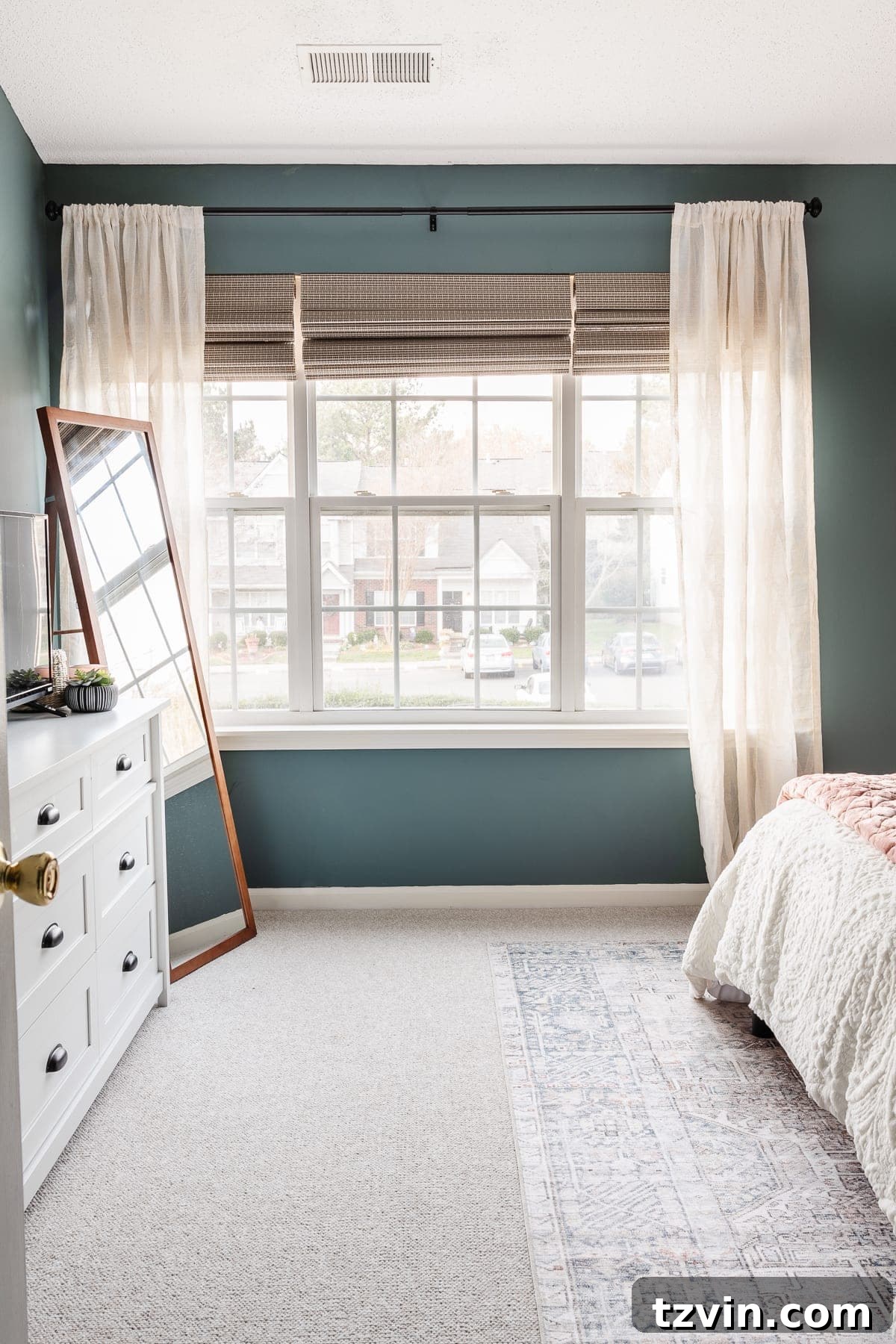 Transform Your Bedroom into a Serene Spa Sanctuary 8 Close-up of sheer curtains and woven shades in a serene bedroom