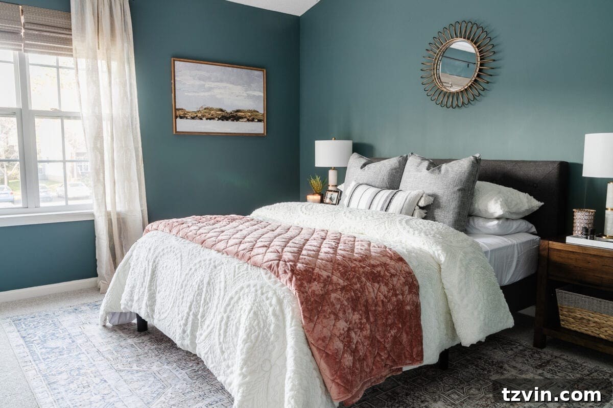 Transform Your Bedroom into a Serene Spa Sanctuary 9 Overview of a serene teal and blush bedroom with stylish decor