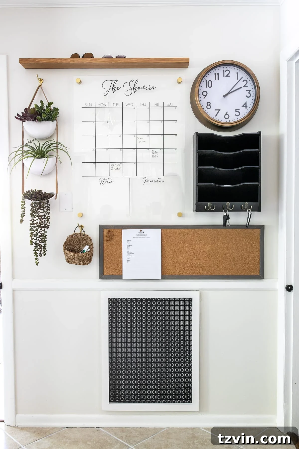 Command center wall with calendar, mail sorter, memo board, and drop zone to keep an entryway clear of clutter.