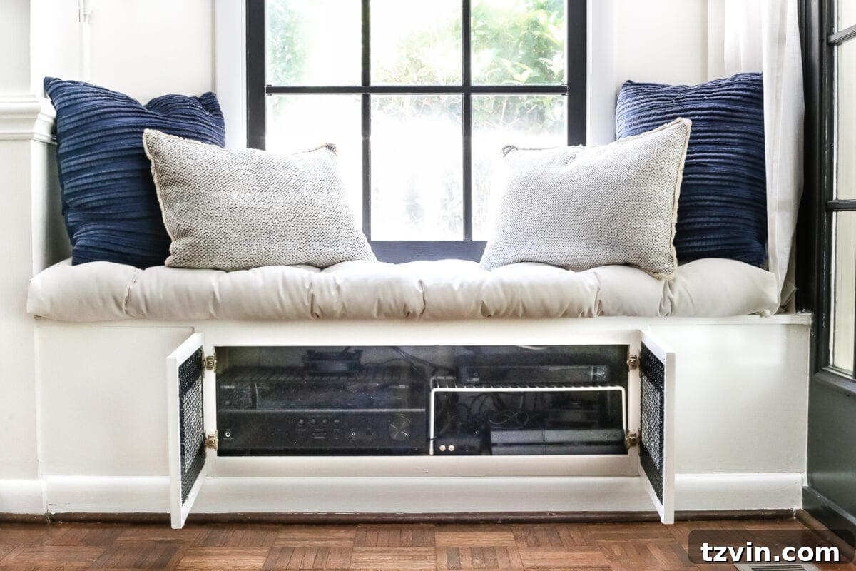 gaming console and receiver hidden in a window seat