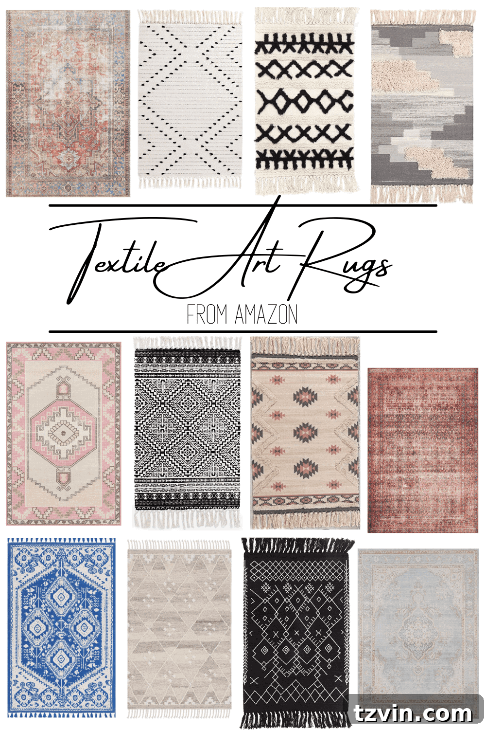 DIY Luxe Textile Art from Upcycled Rugs 9 Collage of various small accent rugs suitable for DIY textile art projects.
