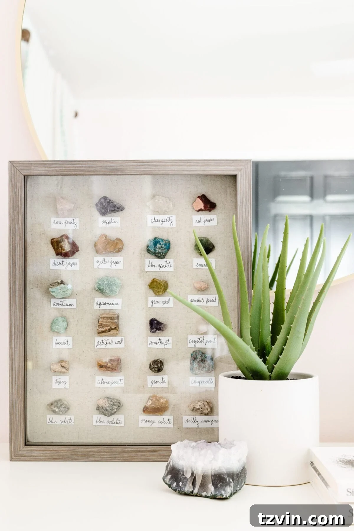 DIY geology chart with collected rocks and amethyst pieces