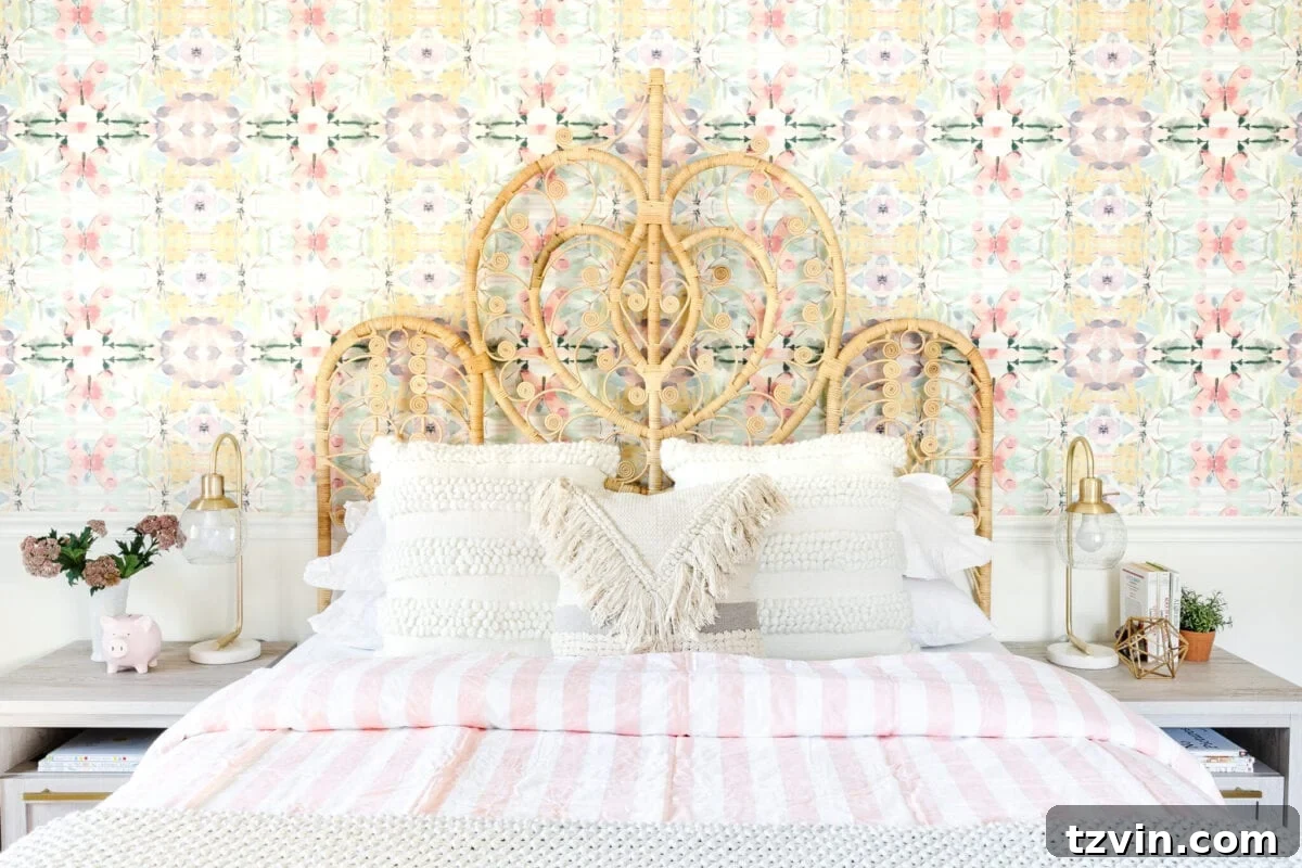 Cozy pink and white bedding in a boho-glam girl's room