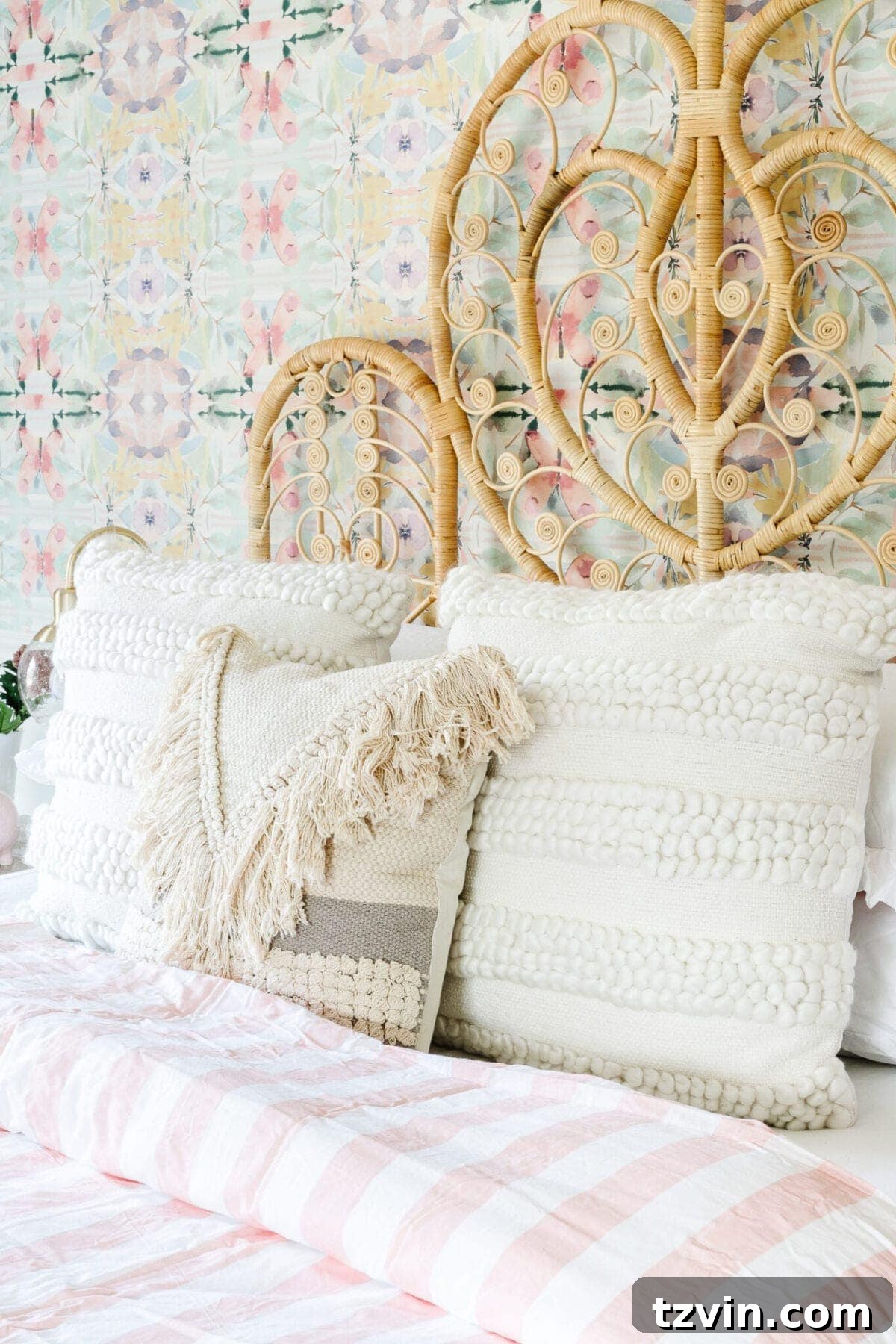 Close-up of bohemian bedding with fringe pillow and styled nightstand