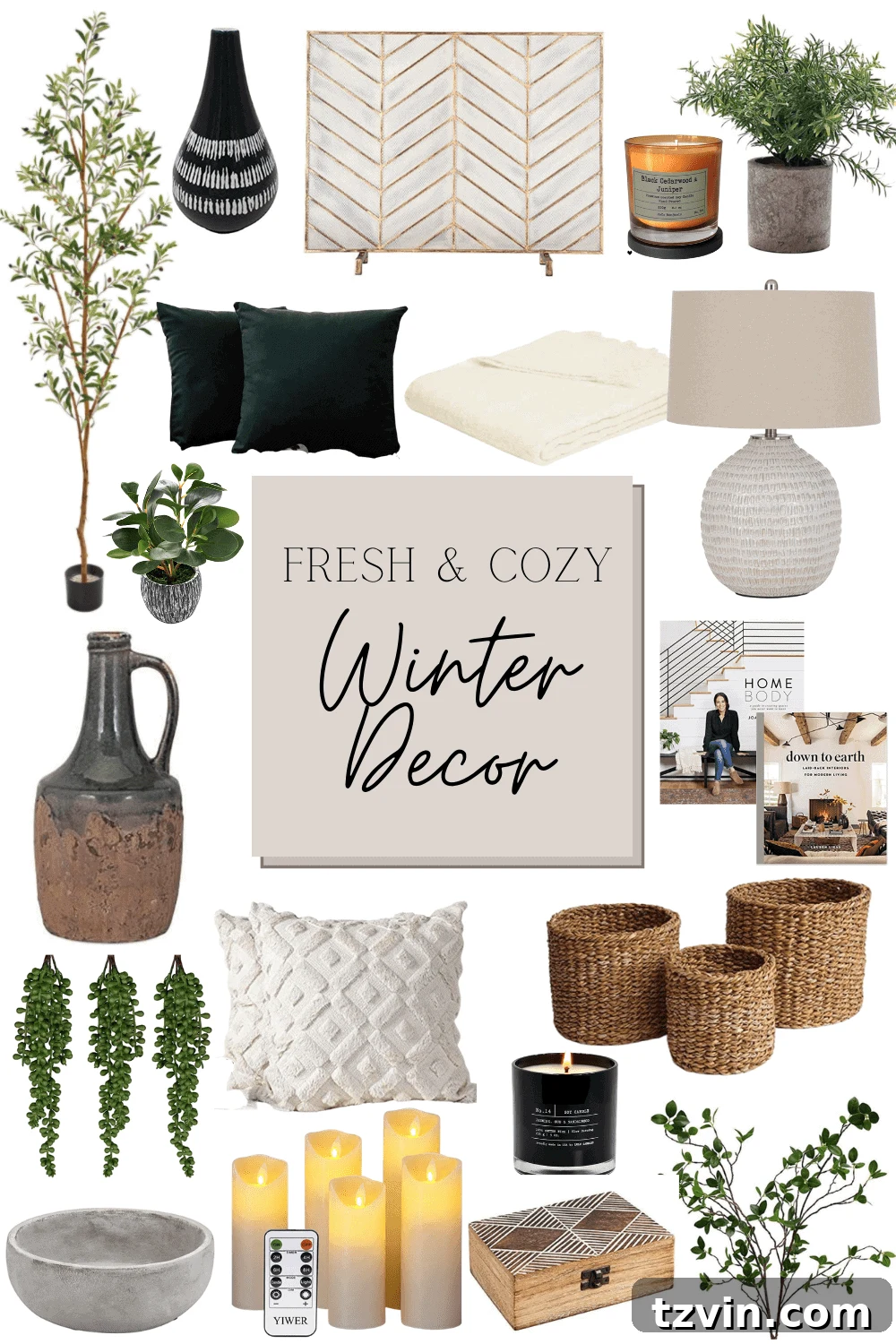 My Favorite Winter Living Room Touches 11 A collage of various cozy winter decor items, showcasing how to achieve a warm and inviting home atmosphere.