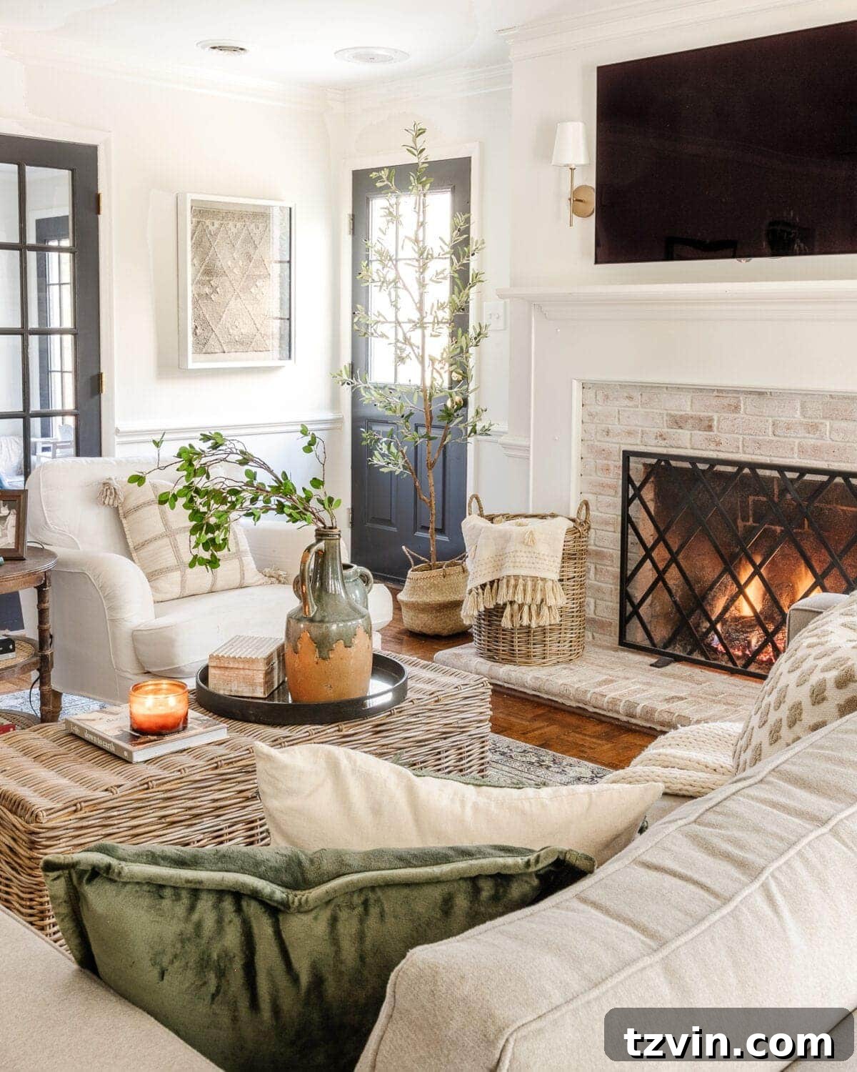 My Favorite Winter Living Room Touches 4 Cozy living room with a lit fireplace and warm candles, enhancing the winter decor and adding warmth to the space.