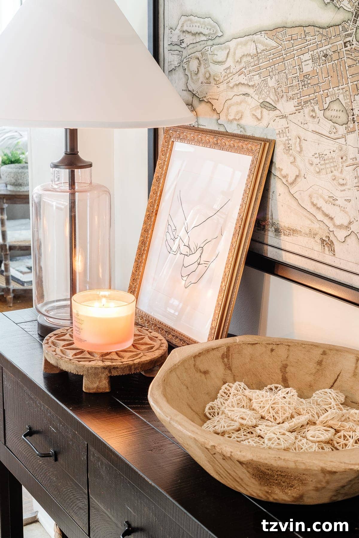Curated Valentine's Day Elegance 3 Close-up of elegant Valentine's decor featuring faux tulips and a marble tray.