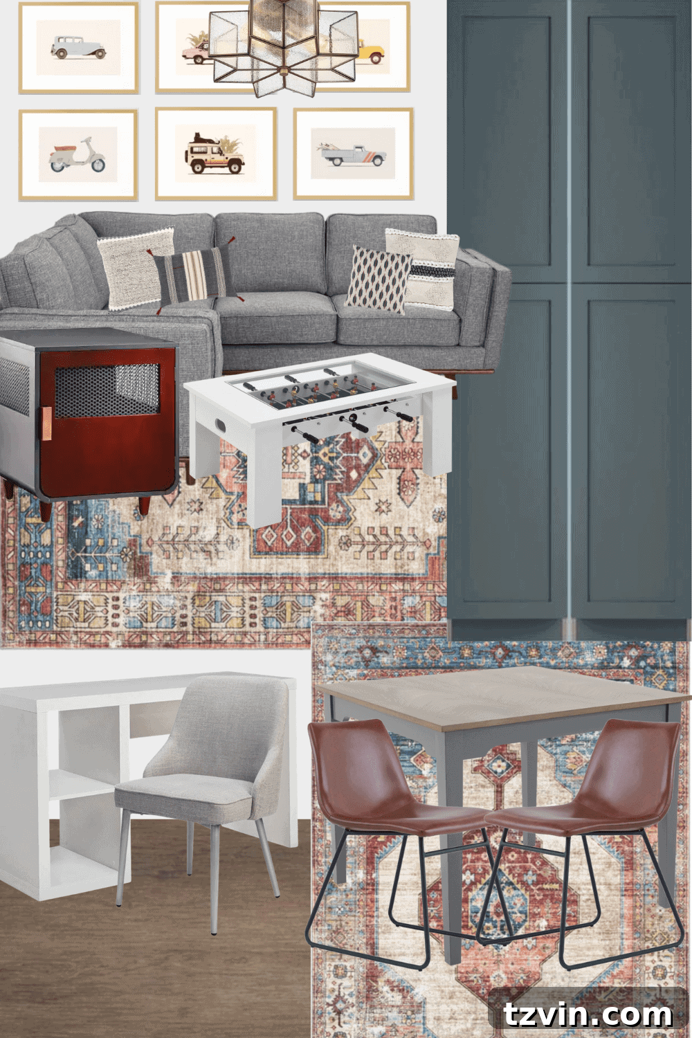 Mastering Luxury Vinyl Plank Installation 5 rec room mood board featuring luxury vinyl plank flooring and built-in cabinets