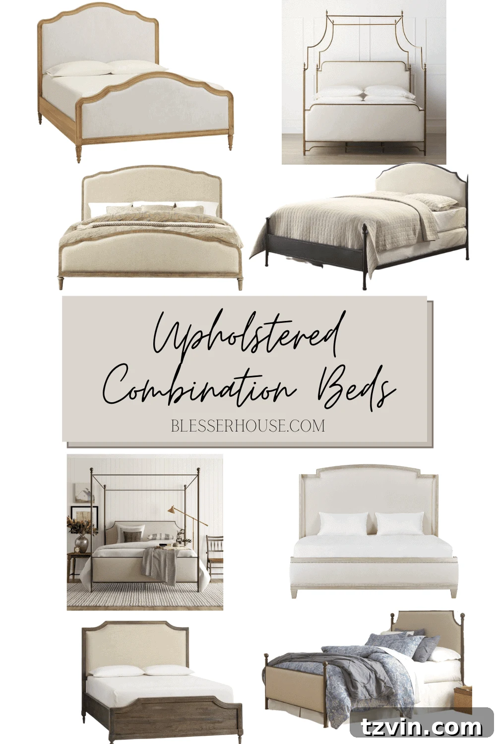 Modular Upholstered Sleep Systems 3 A collage showcasing various styles of upholstered combination beds, demonstrating how wood, metal, and fabric can be combined for a modern traditional bedroom aesthetic.