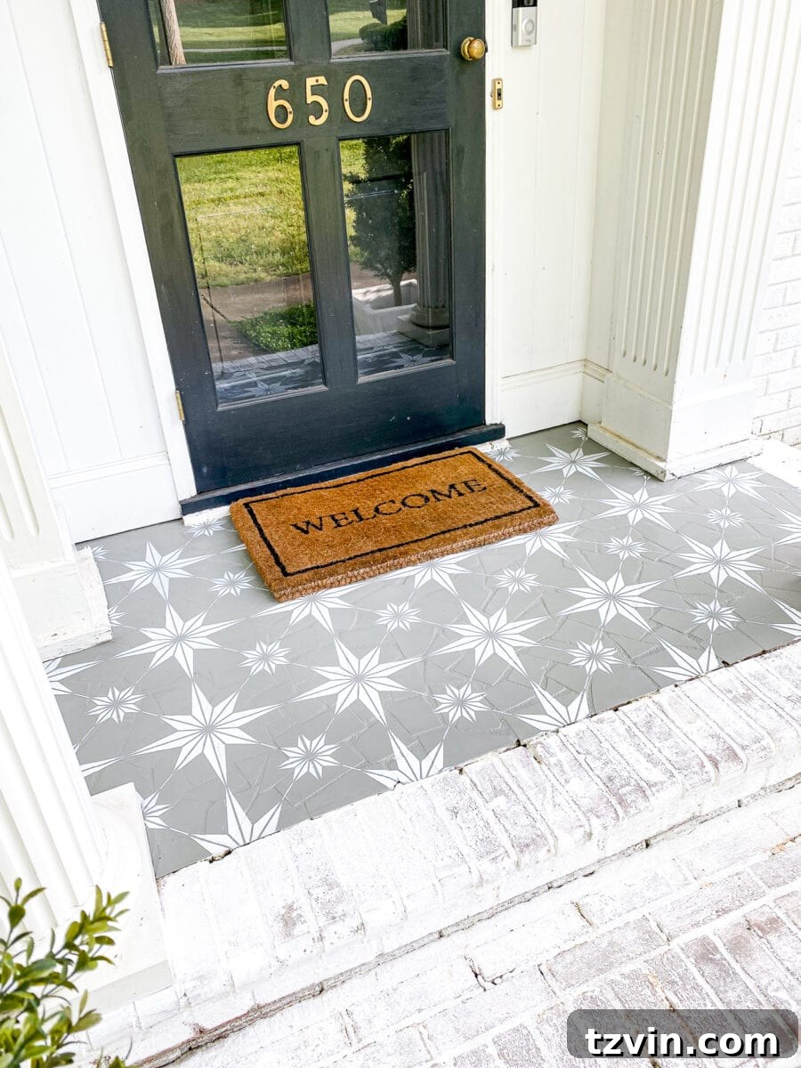 10 Spring Outdoor DIY Transformations 8 Beautifully stenciled and painted porch floor with intricate pattern