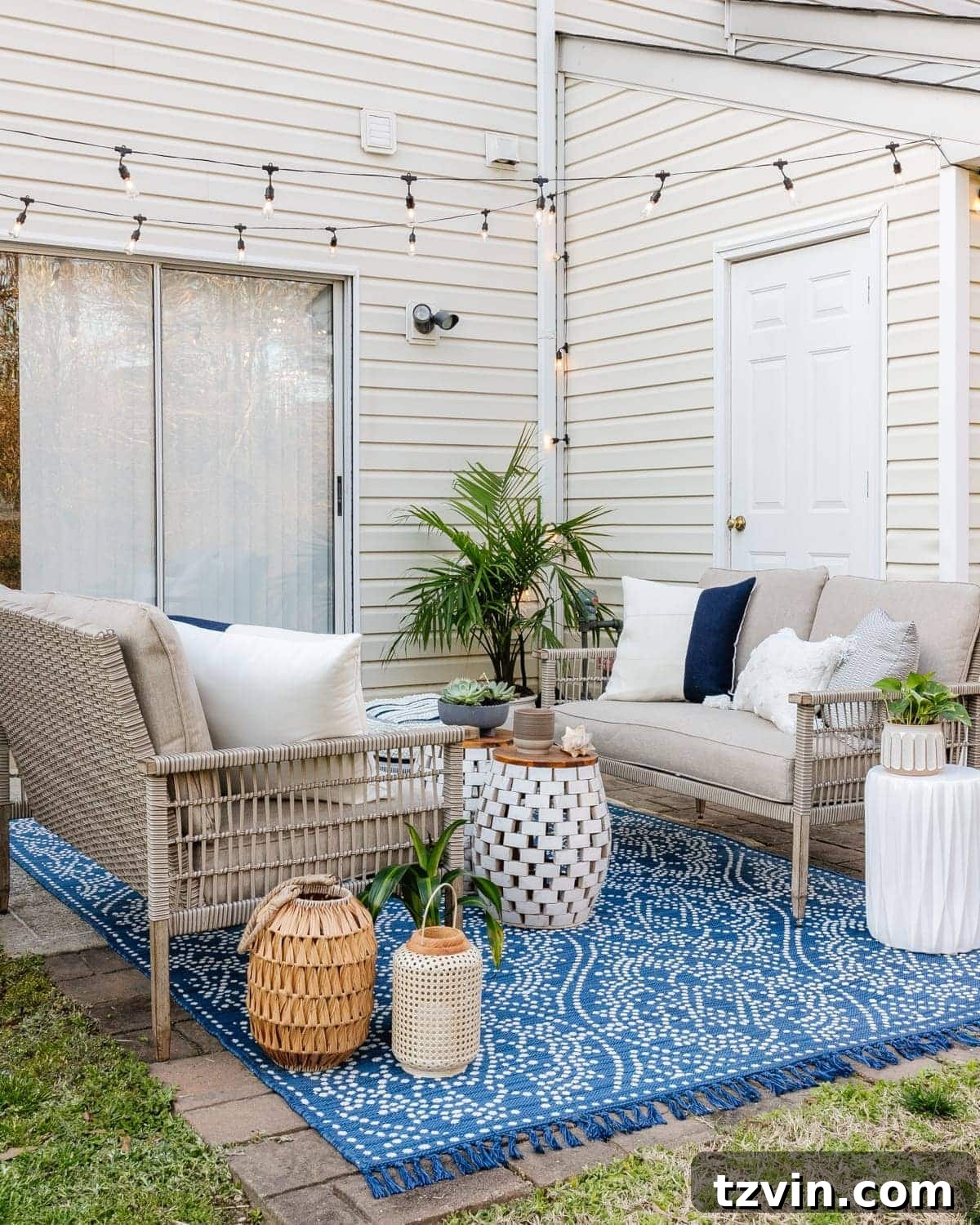 backyard patio styled with outdoor furniture and plants behind a townhouse