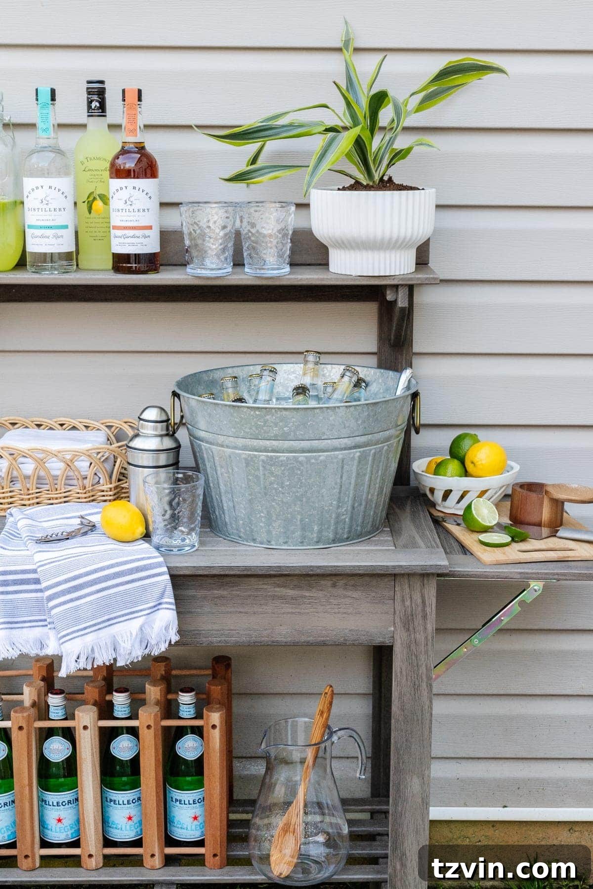 potting bench used as an outdoor bar