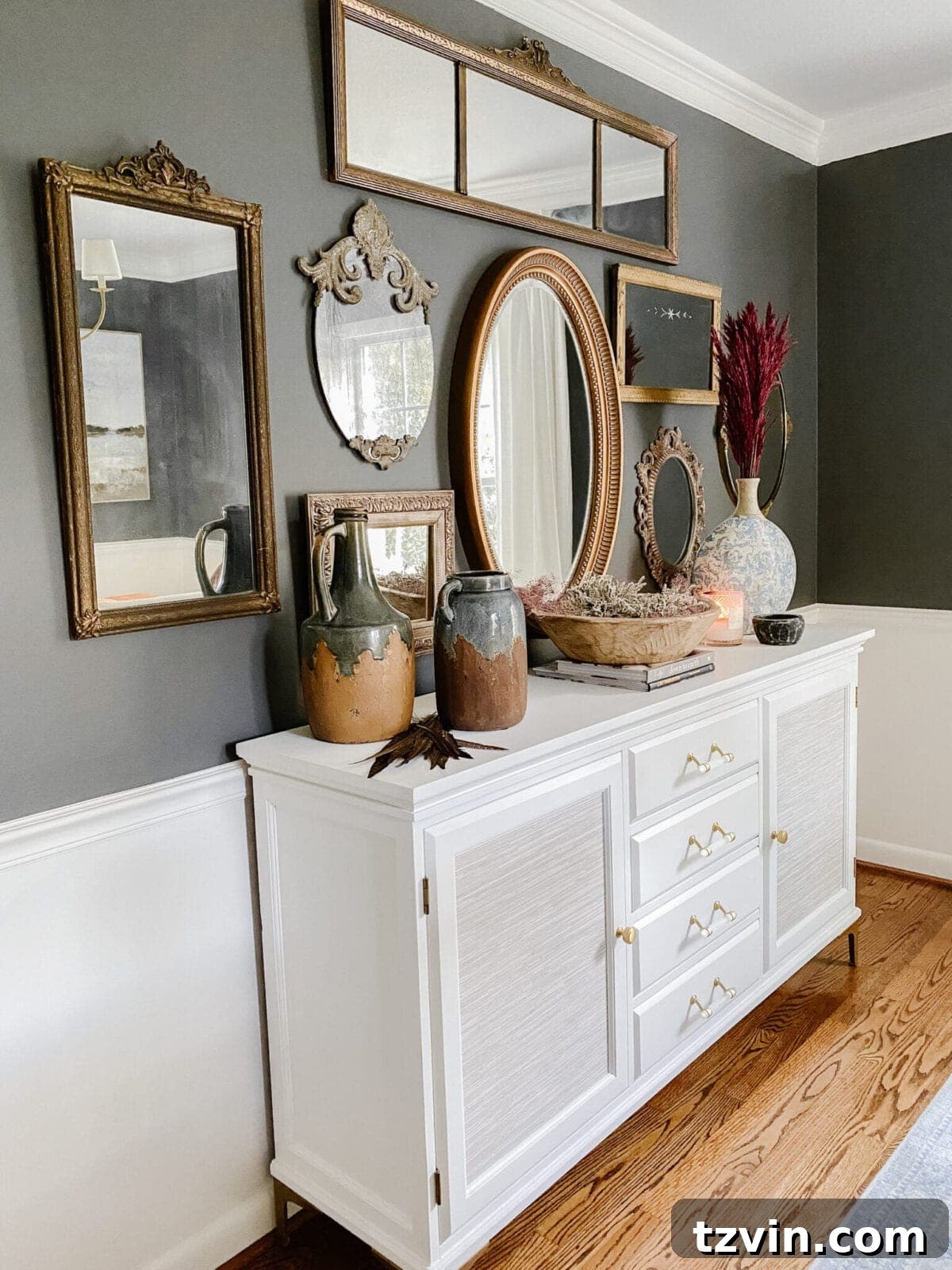 From Farmhouse to Fresh: Evolving Your Home's Style 7 white painted buffet and antique mirror gallery wall