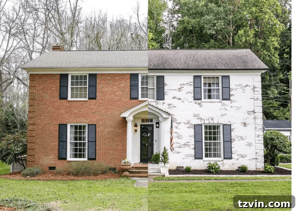 White brick house before and after transformation showing significant curb appeal improvements