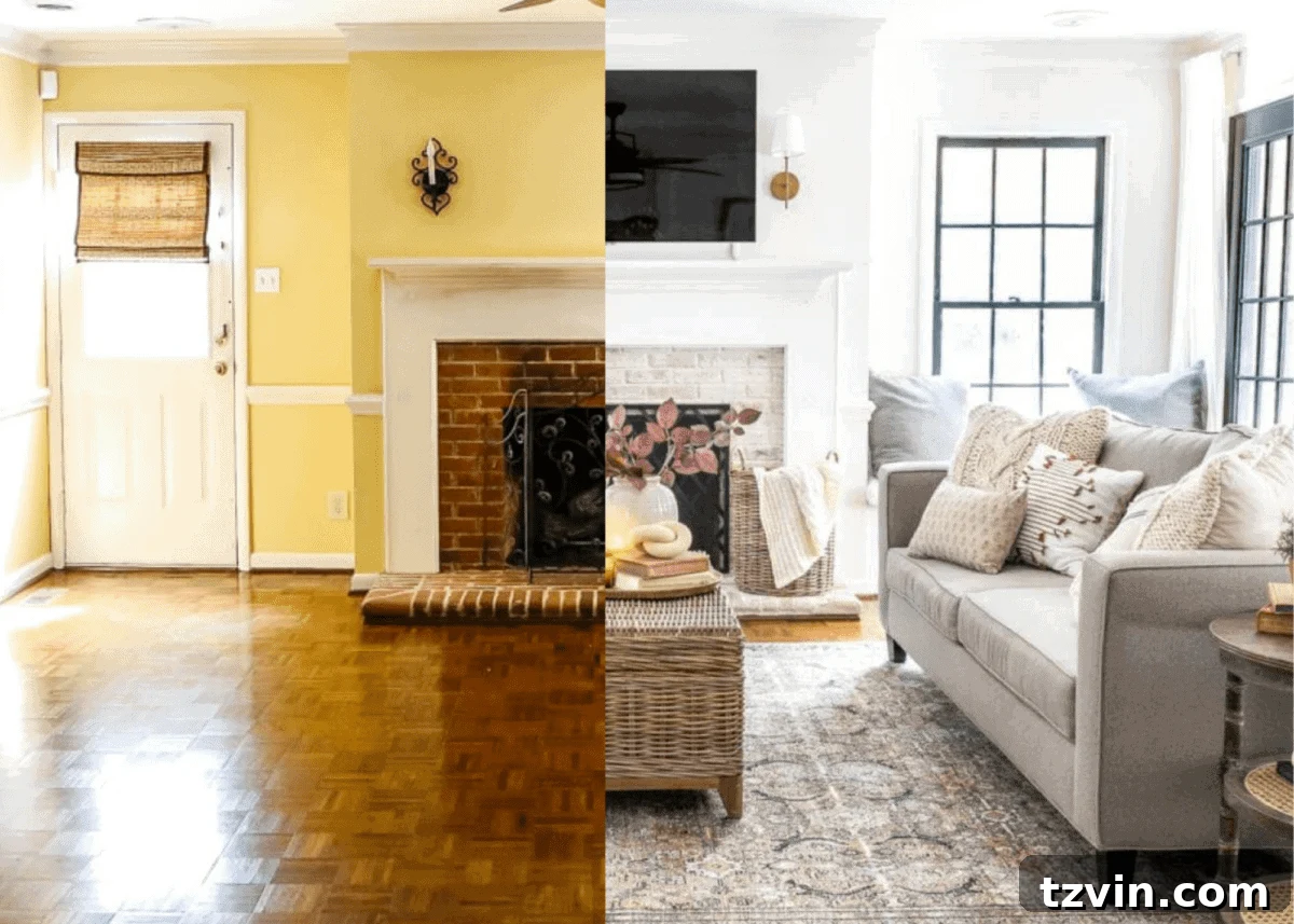 Living room before and after showing remarkable decor improvements and style transformation