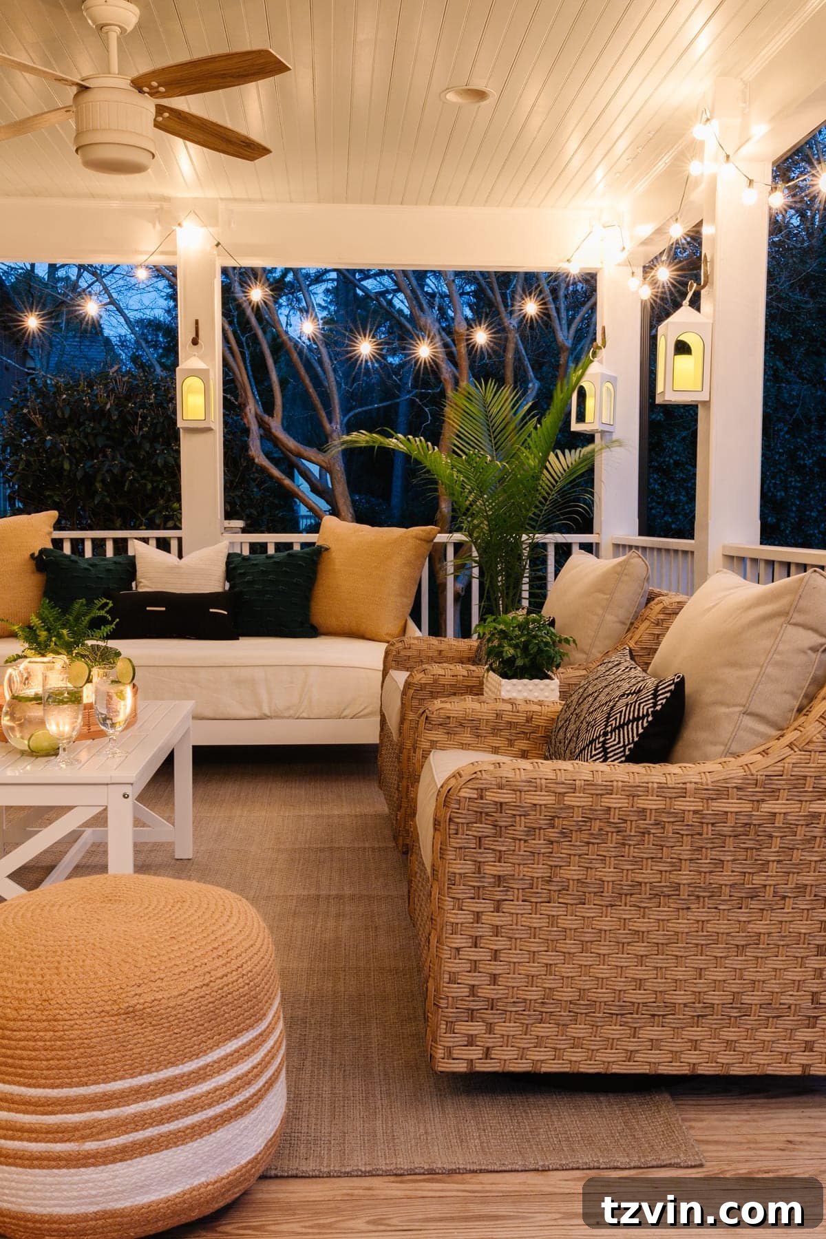 Back Porch Bliss Makeover 14 A panoramic view of the beautifully refreshed back porch, showcasing comfortable furniture and charming decor, ready for enjoyment.