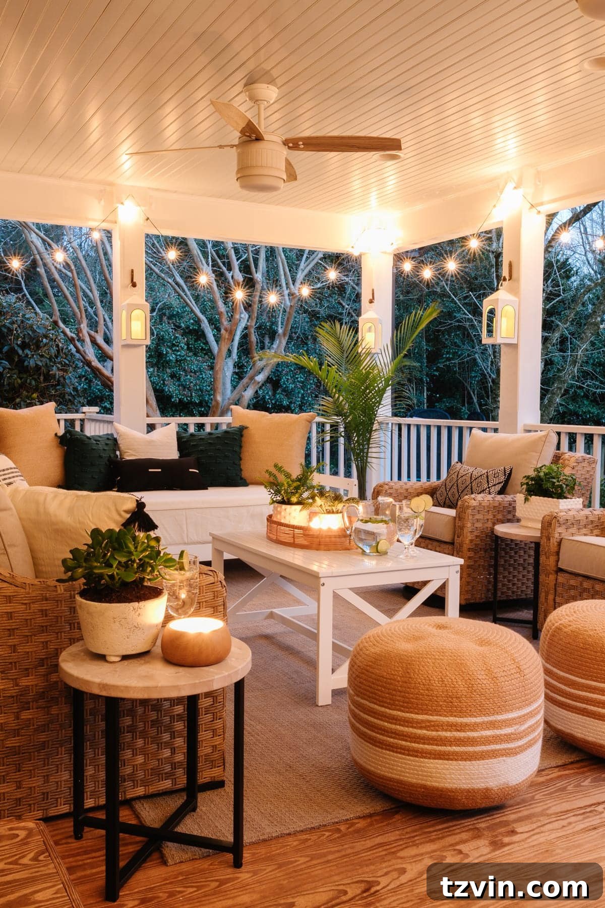 Back Porch Bliss Makeover 16 A serene outdoor scene on the porch, featuring comfortable seating and thoughtful decor, embodying a peaceful backyard oasis.