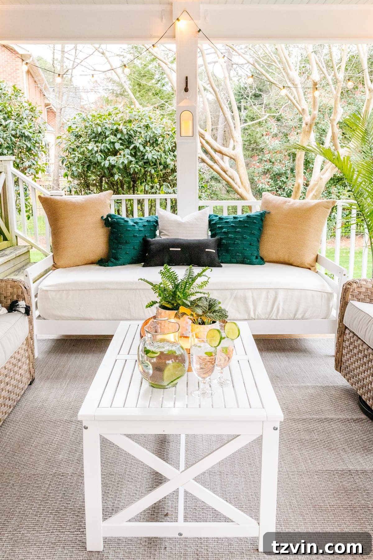 Back Porch Bliss Makeover 6 A luxurious outdoor daybed adorned with comfortable pillows and a soft blanket, creating an inviting spot for relaxation on the porch.