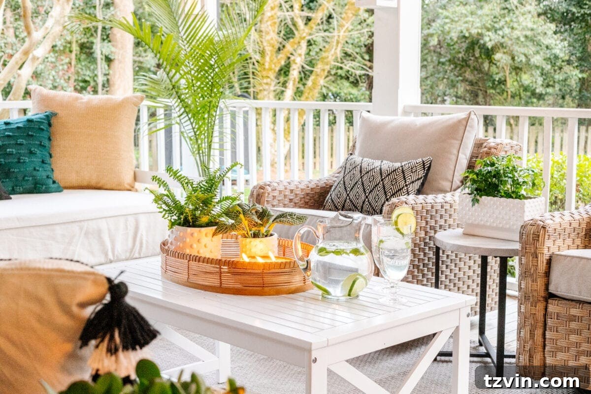 Back Porch Bliss Makeover 8 A stylish outdoor coffee table paired with a vibrant patterned outdoor rug, creating a defined and inviting seating area on a back porch.