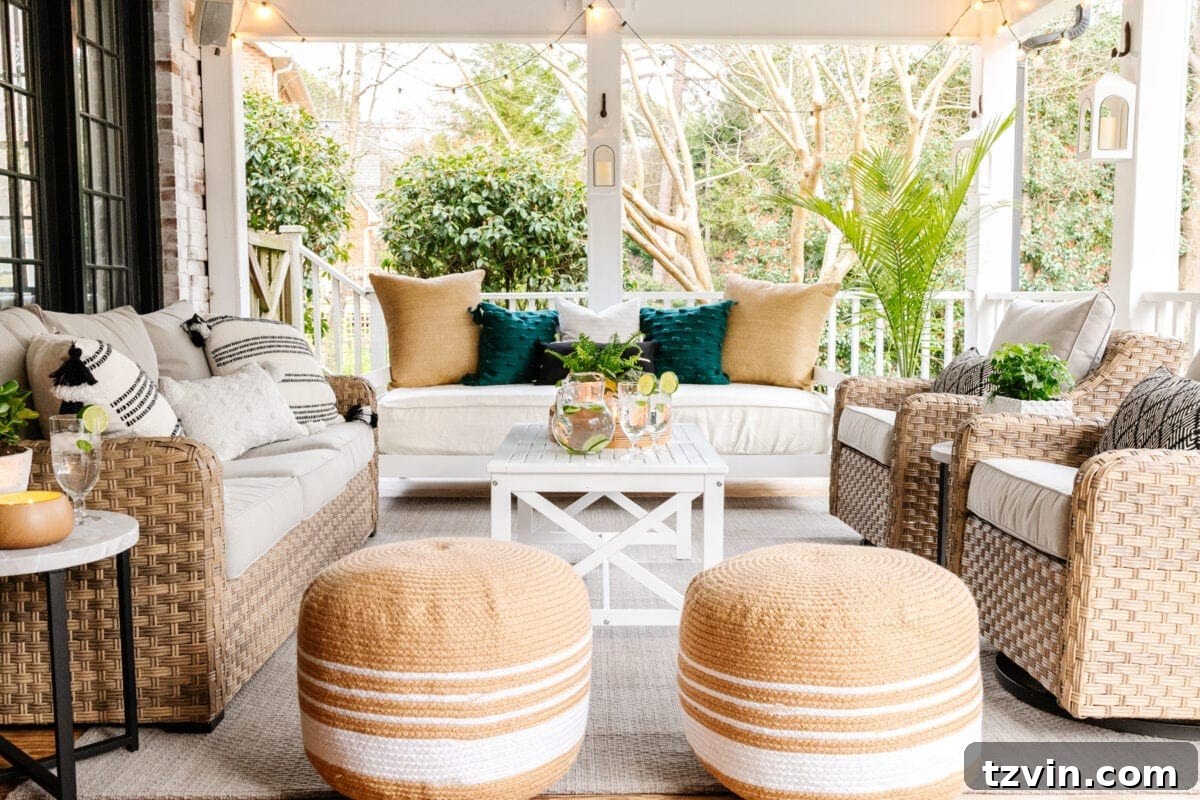 Back Porch Bliss Makeover 9 Two vibrant outdoor poufs providing versatile and casual extra seating on a sunny back porch.