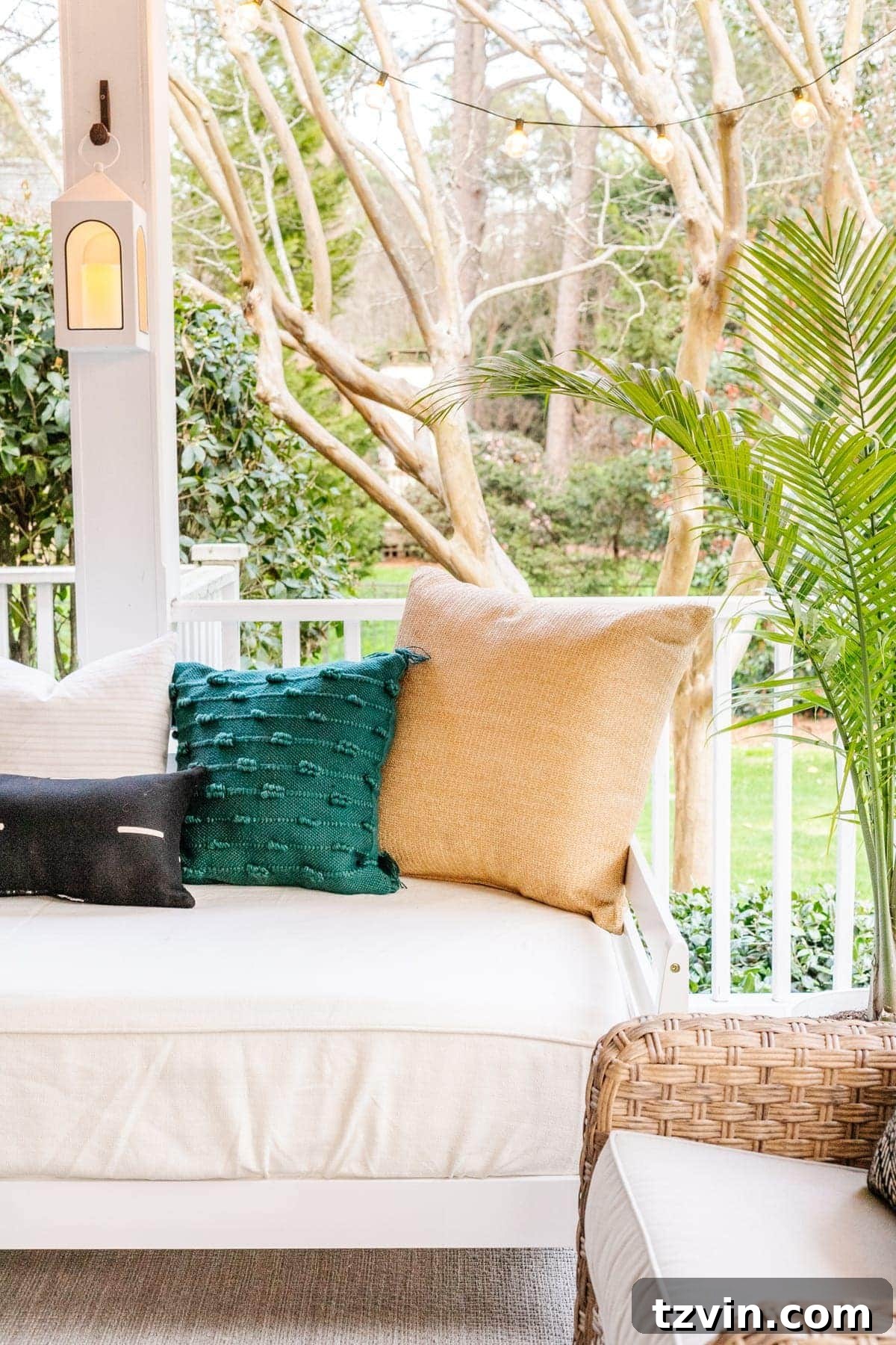Back Porch Bliss Makeover 10 Vibrant teal outdoor pillows adding a stylish pop of color and enhanced comfort to the outdoor seating area.