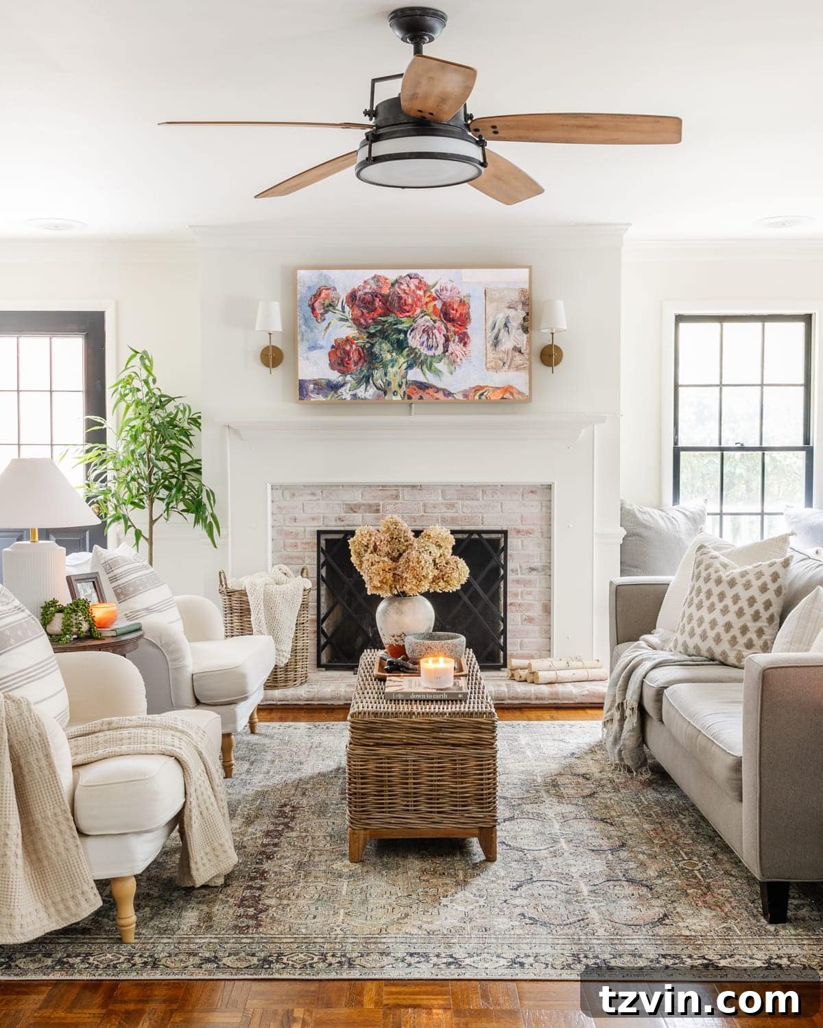 Samsung Frame TV seamlessly integrated into a stylish living room, displaying artwork.