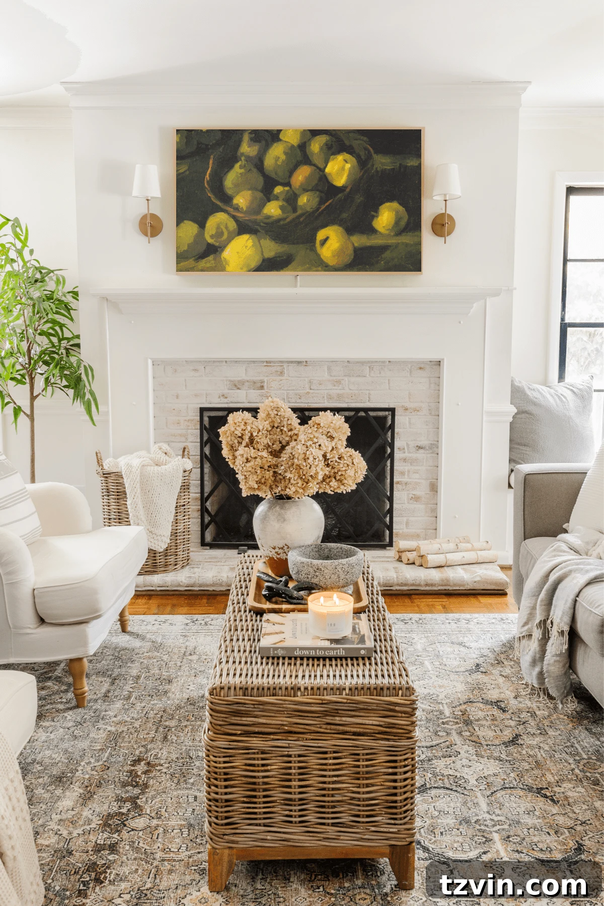 Close-up of a Samsung Frame TV displaying still life art, highlighting screen quality.