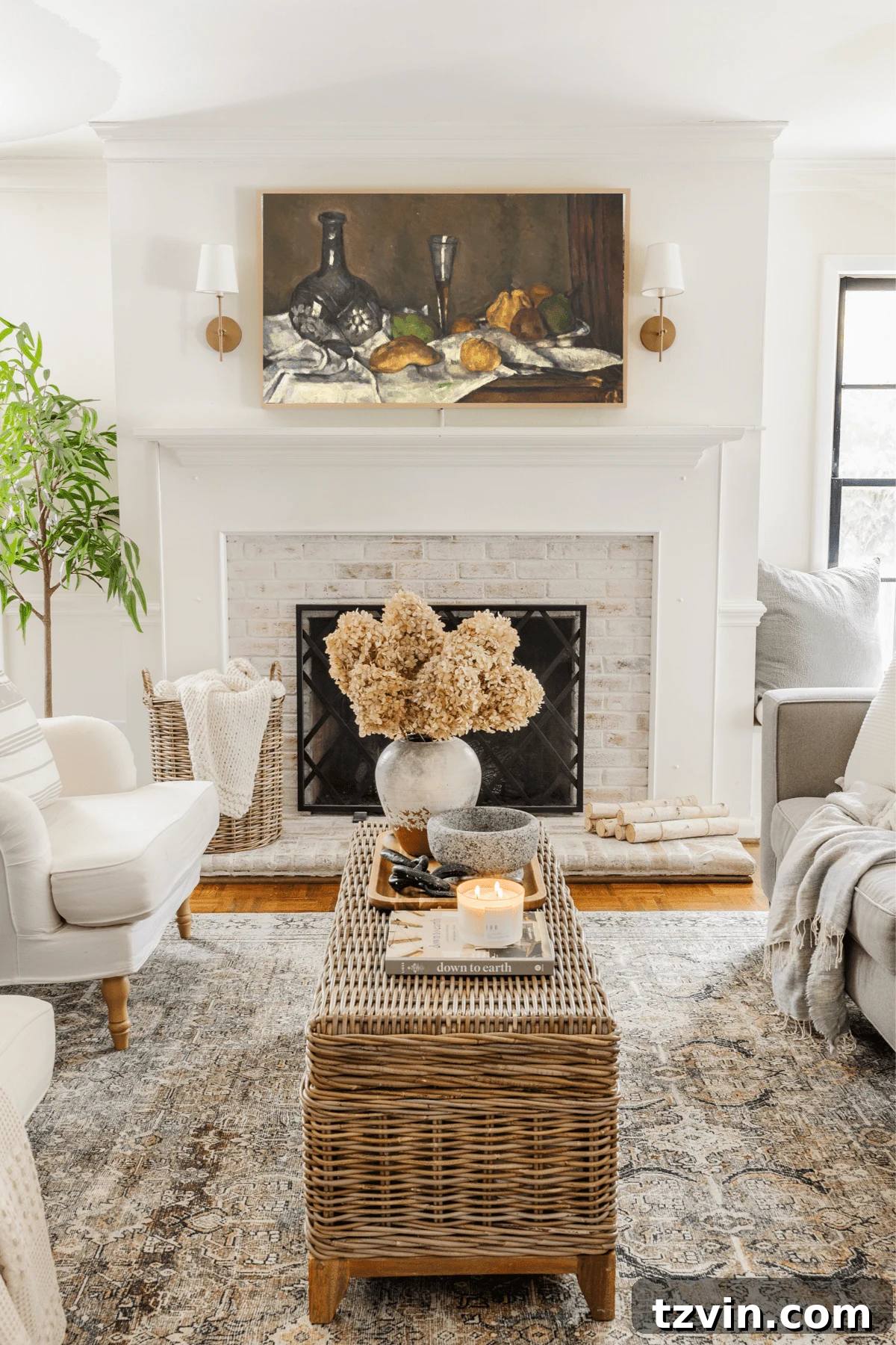 Samsung Frame TV in living room, displaying a classical still life artwork.