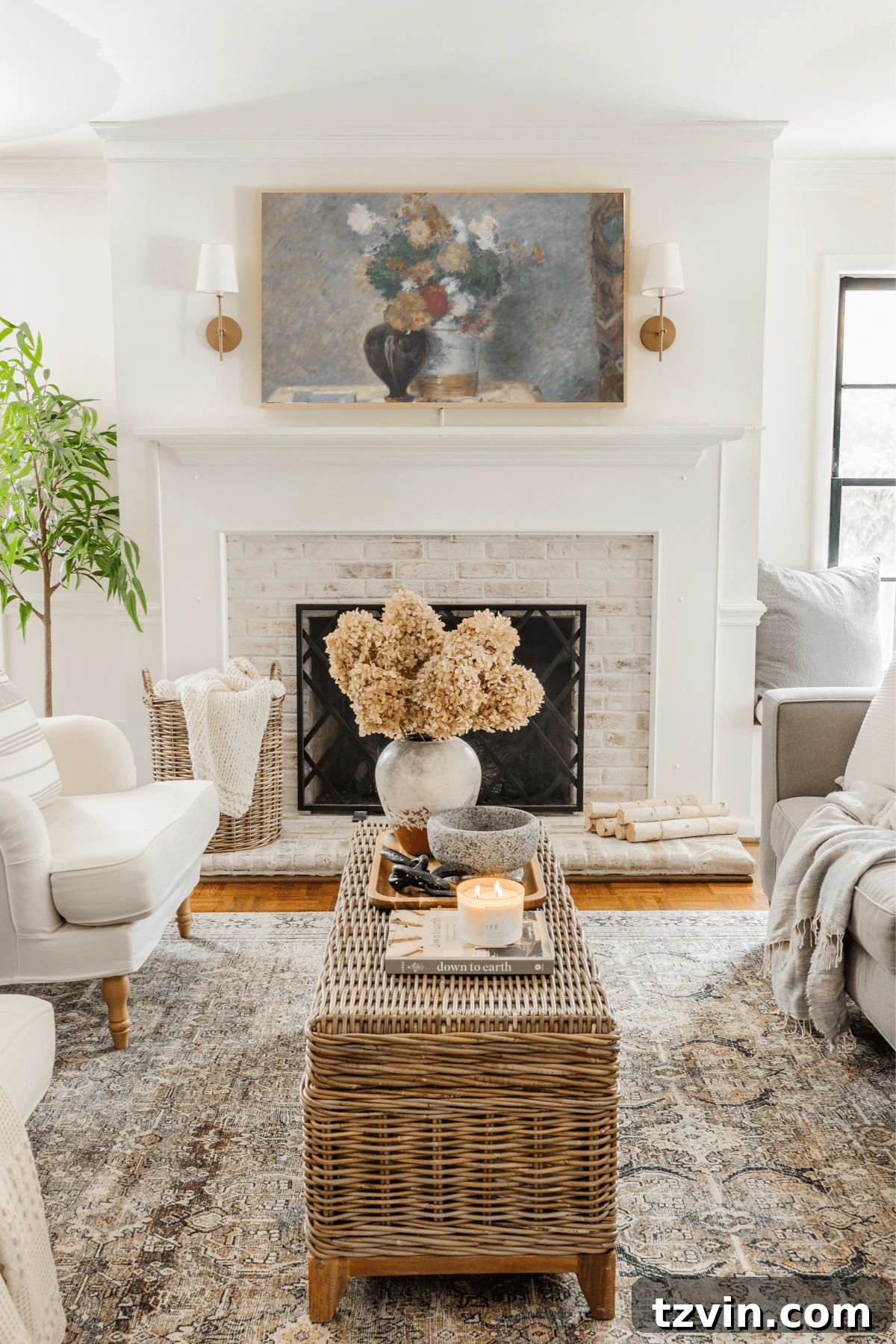 Samsung Frame TV showcasing intricate still life art, adding elegance to the room.
