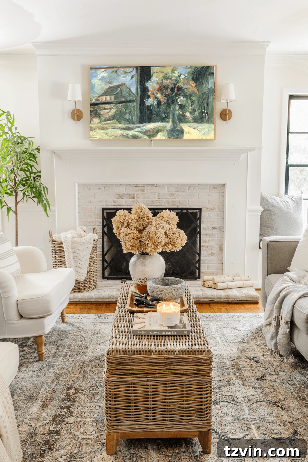 Samsung Frame TV in a living room, displaying vivid still life art to complement the decor.