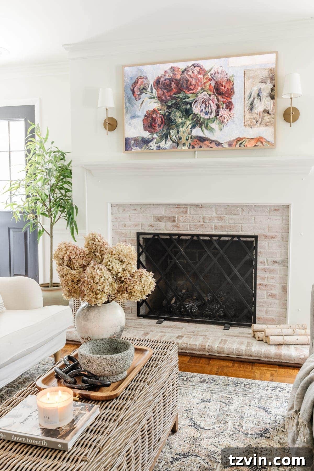 Samsung Frame TV showcasing a beautiful still life art piece in a cozy living room setting.