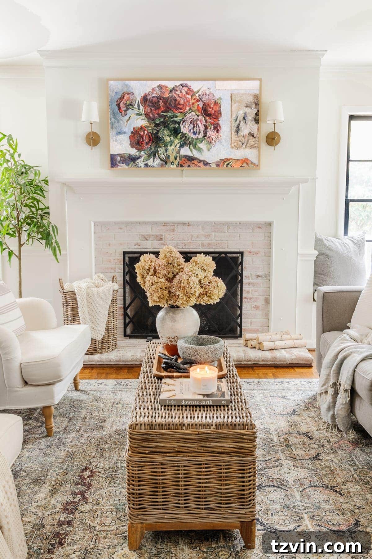 Samsung Frame TV showcasing elegant still life art within a stylish living room.