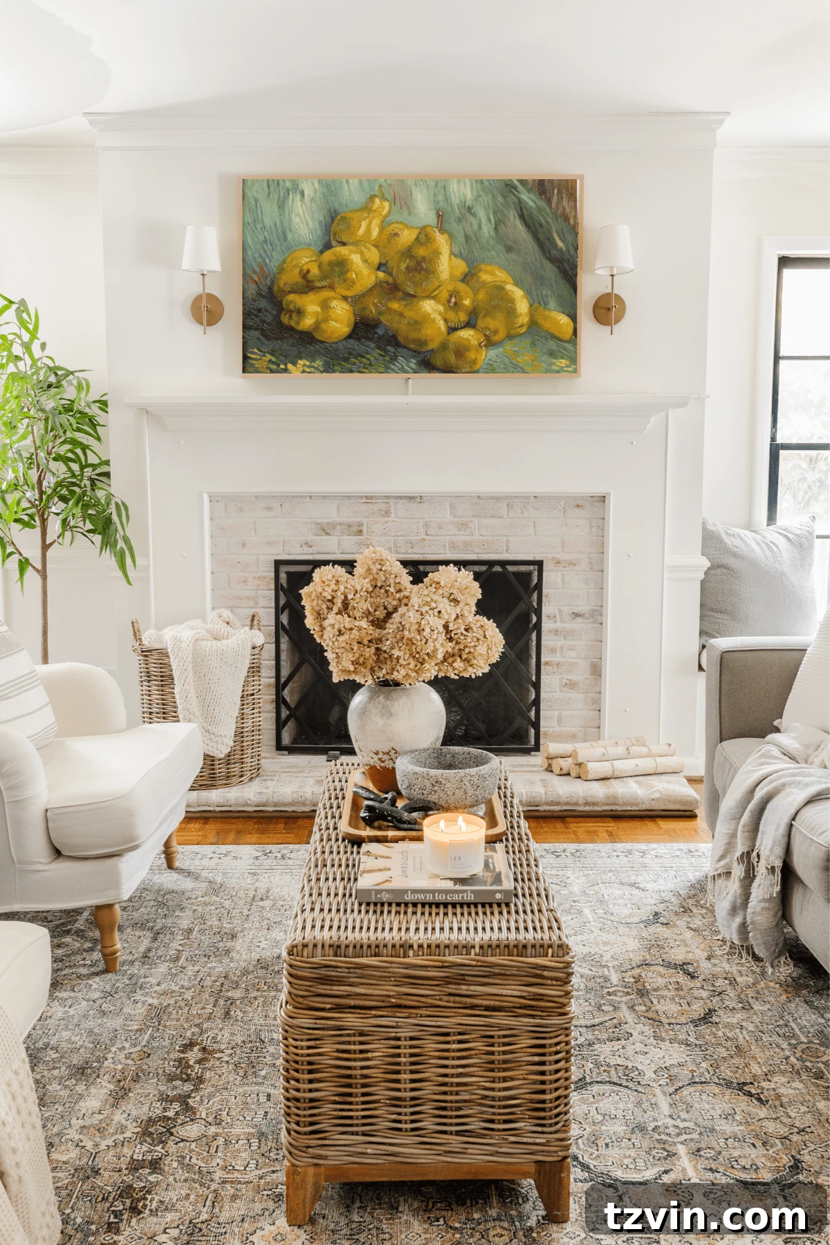 Samsung Frame TV displaying still life art in a living room, enhancing home decor.