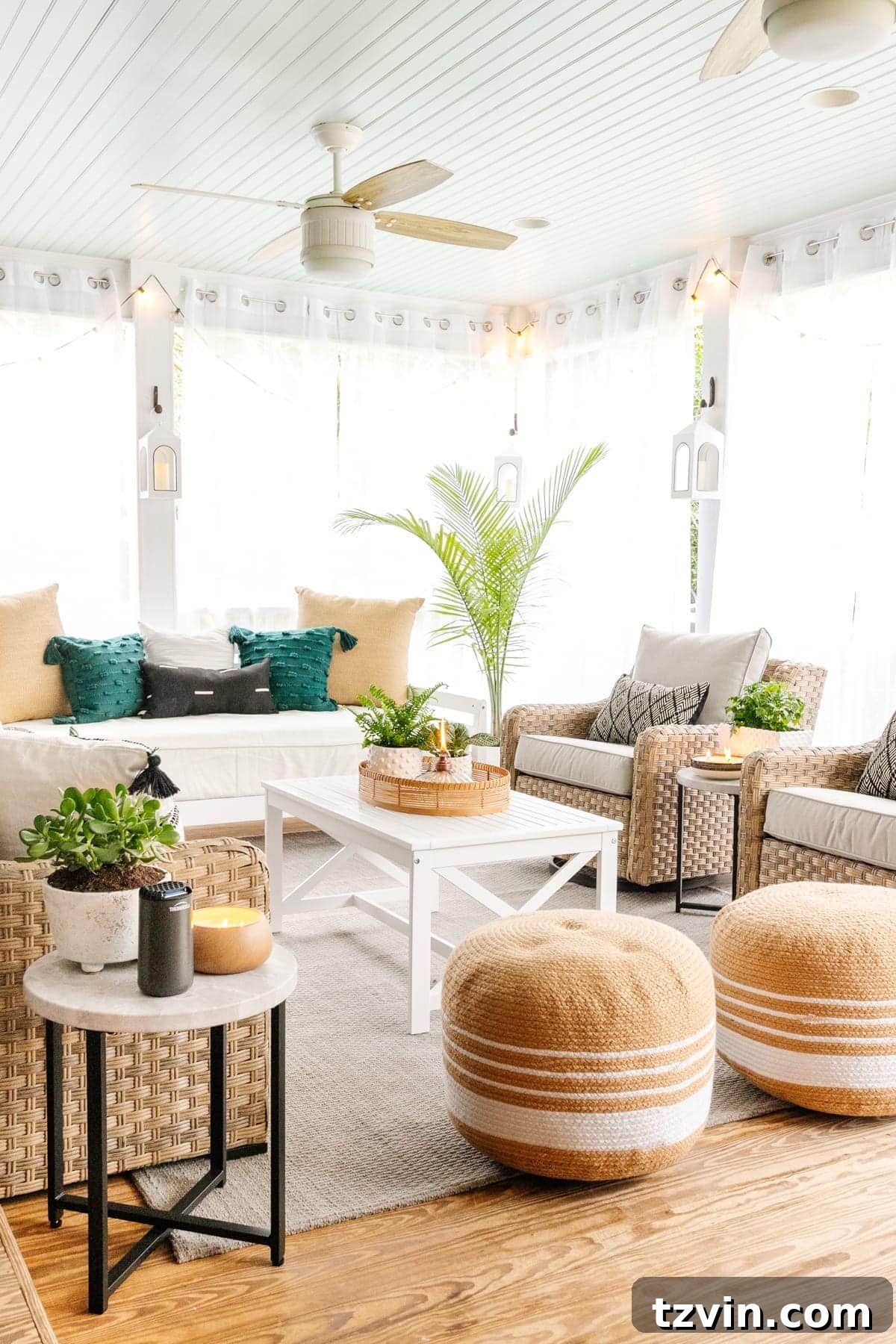 Transformed back porch featuring a Haint Blue ceiling, creating a charming and traditional southern feel.