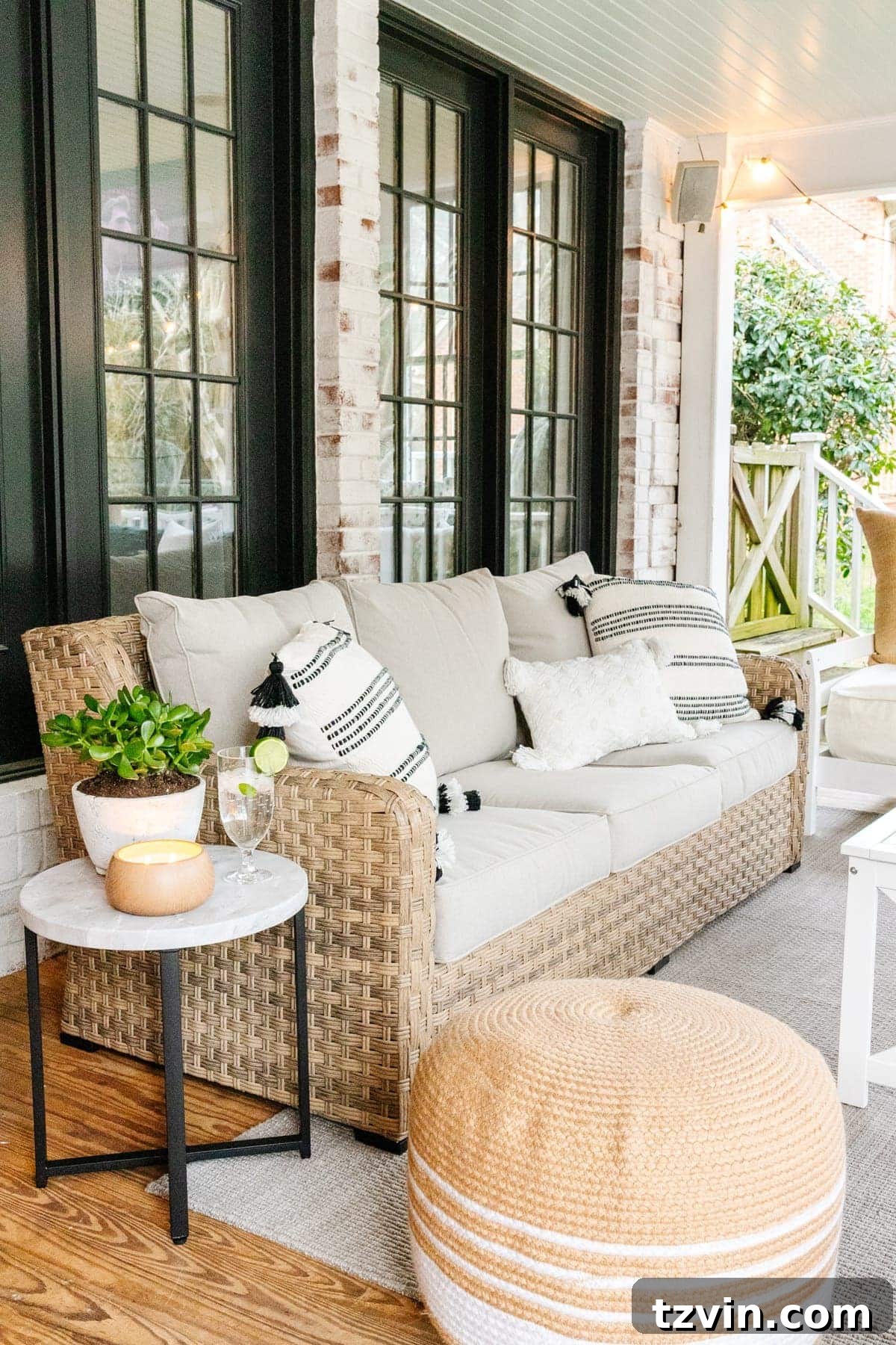 Cozy back porch decorated for outdoor living, showcasing comfortable seating and effective mosquito repellent solutions.