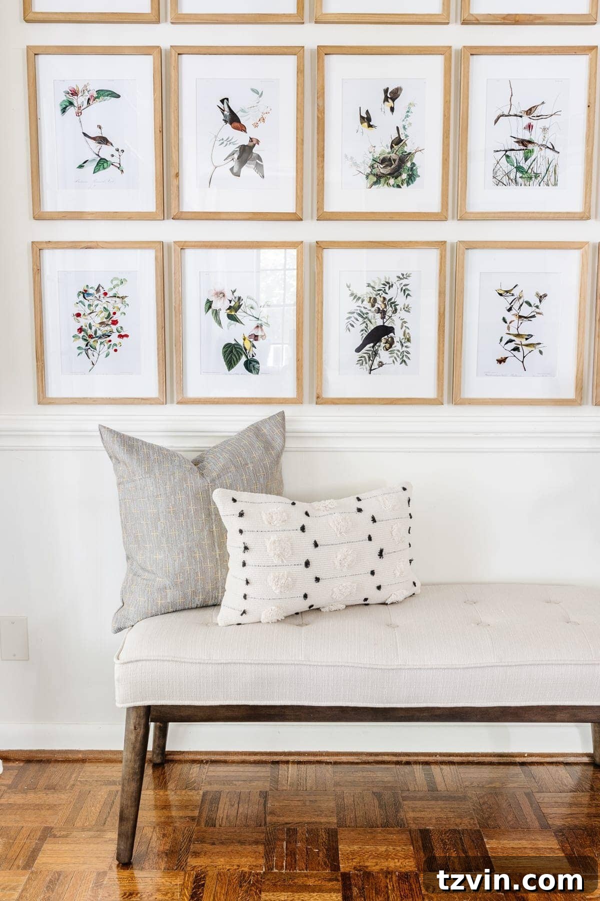 Free Printable Audubon Bird Art Collection for Your Walls 5 Another perspective of the spring entryway gallery wall showcasing the free Audubon bird art prints and natural light.