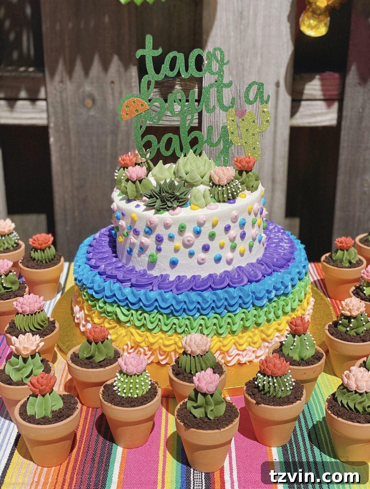 Make Your Baby Shower a Fiesta to Remember 14 Fiesta themed baby shower cake with DIY mini cactus cupcakes
