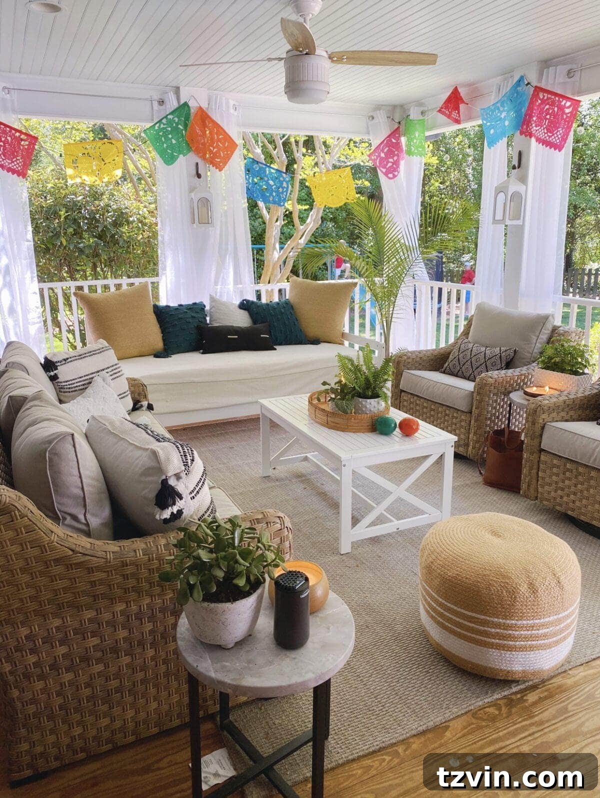 Make Your Baby Shower a Fiesta to Remember 7 Colorful Mexican banners around back porch sitting area for baby shower