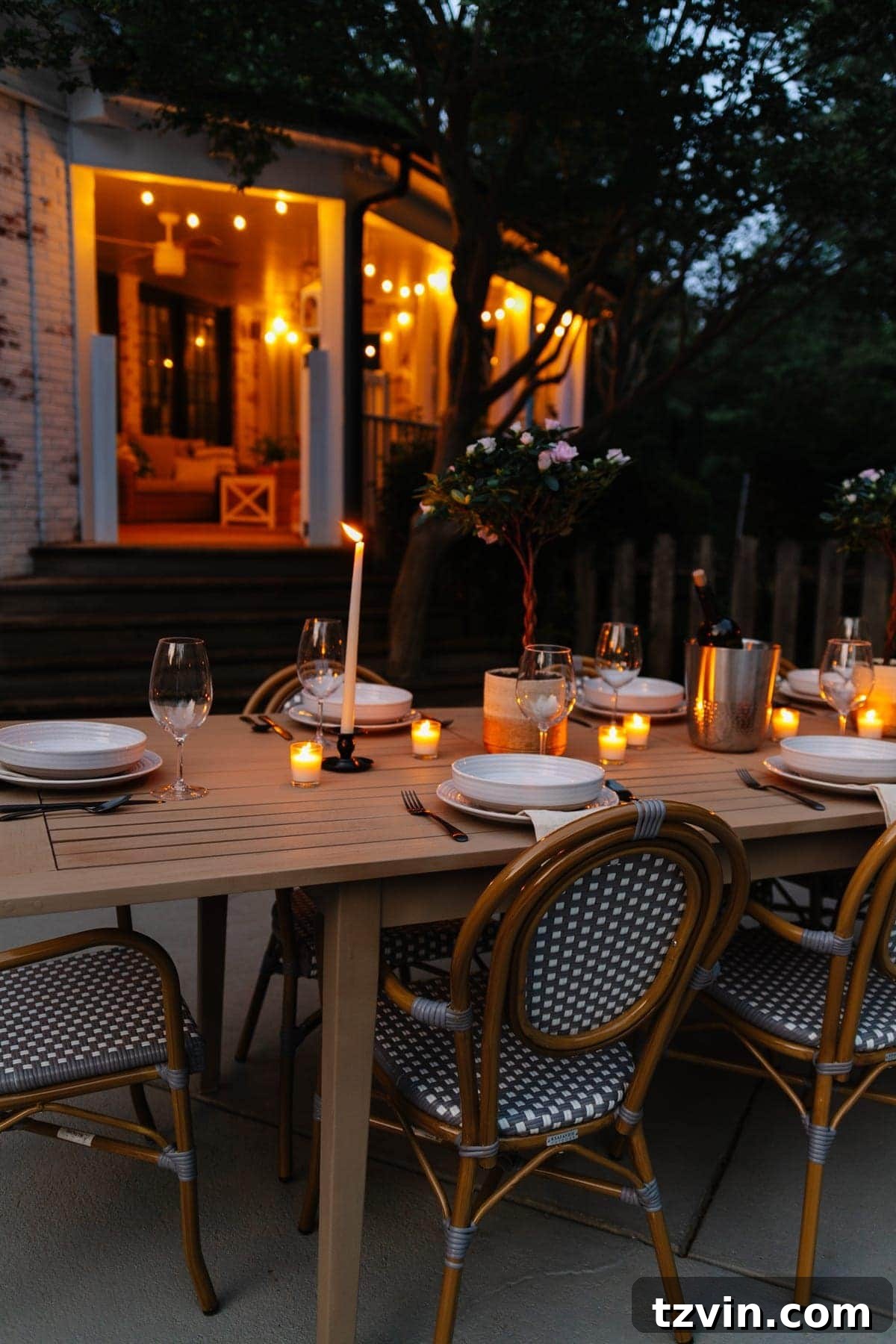 Craft Your Own Driftwood Style Outdoor Dining Table 14 Night time backyard patio and back porch with string lights and candlelight