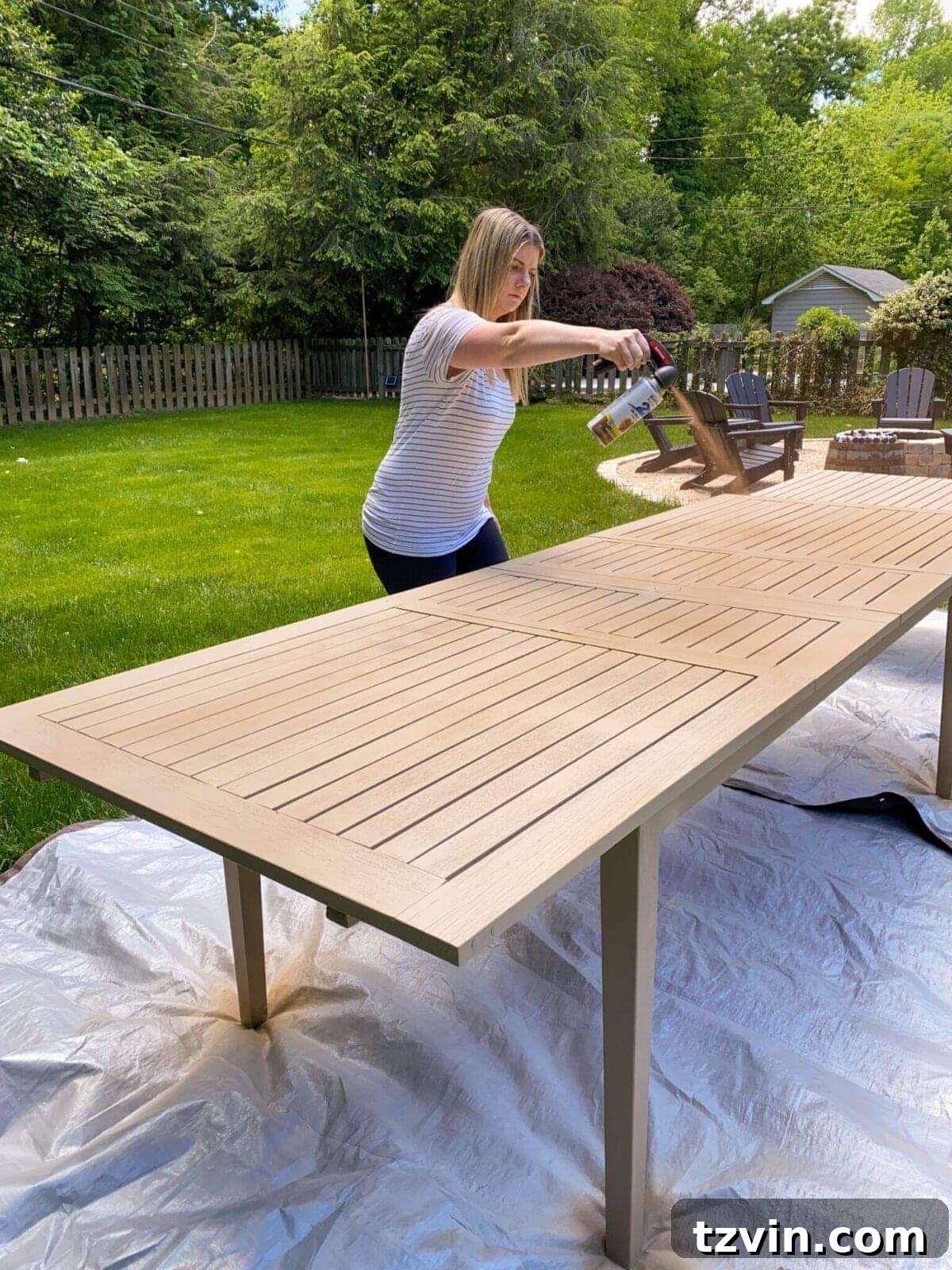 Craft Your Own Driftwood Style Outdoor Dining Table 8 Technique for adding depth using spray paint for a faux driftwood finish