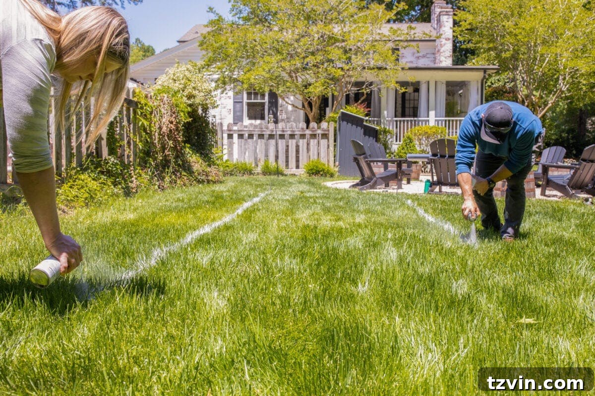 marking bocce ball court with spray paint and string