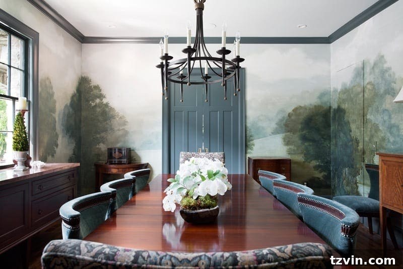 Timeless Scenic Wall Murals for Elegant Interiors 4 Charlotte Terrell mural in a dining room, illustrating the bespoke look of a custom wall treatment.