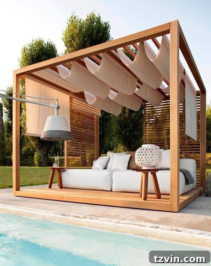 7 Pool Cabana Visions Sparking Our Next Backyard Transformation 6 pool cabana with wood slat wall and white cover