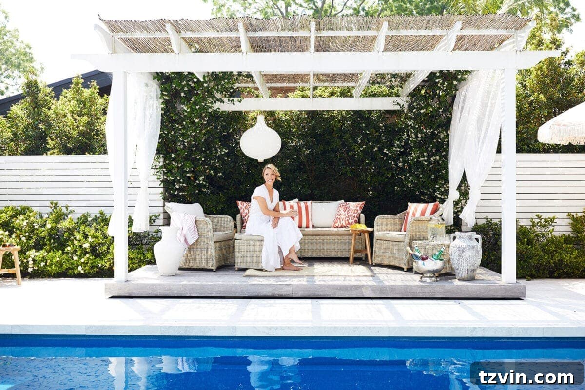 7 Pool Cabana Visions Sparking Our Next Backyard Transformation 8 pool cabana with white gauze curtains and rattan outdoor furniture